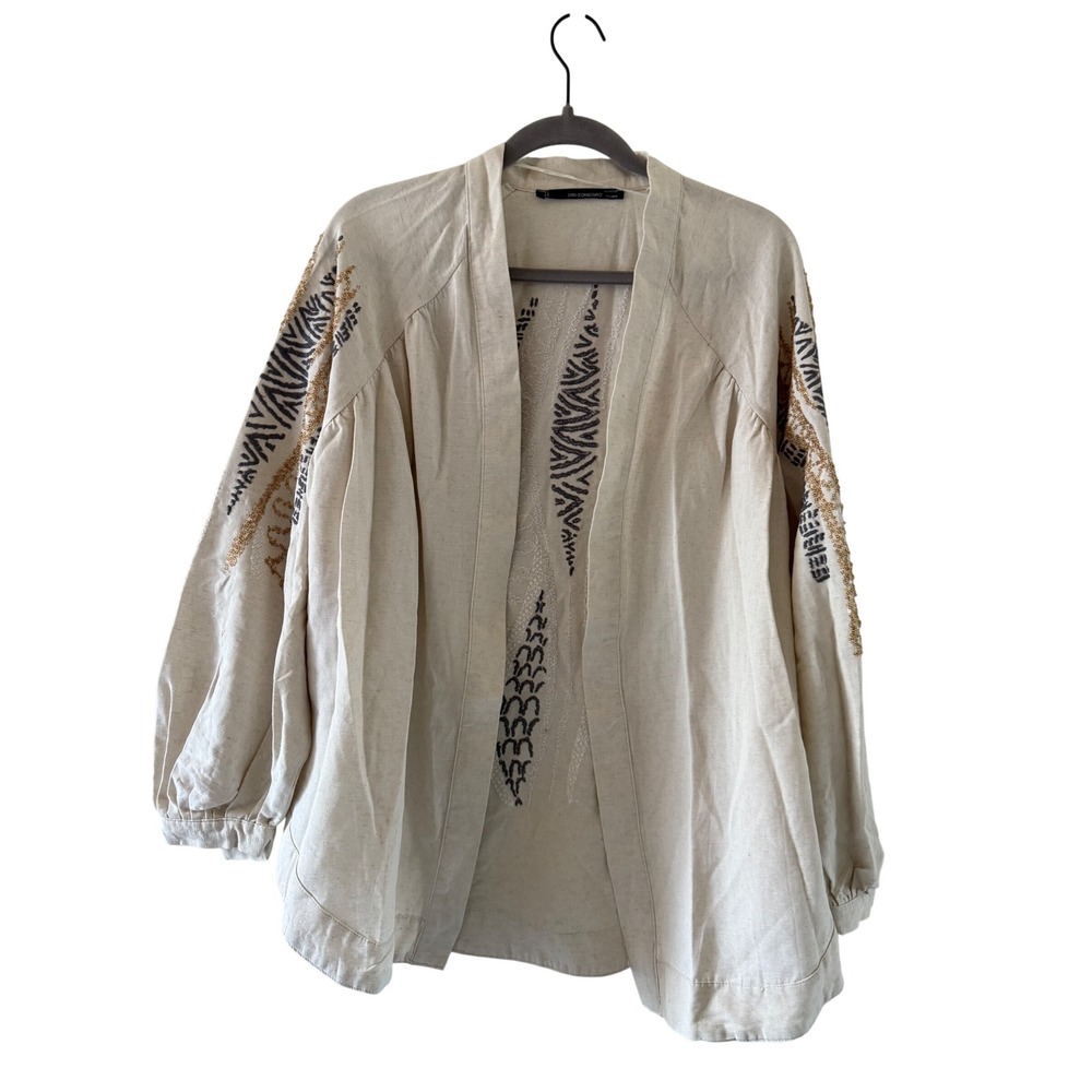 ORFÉONEGRO Studio Embroidered Kimono Jacket One Size Beige Linen Boho Artisanal